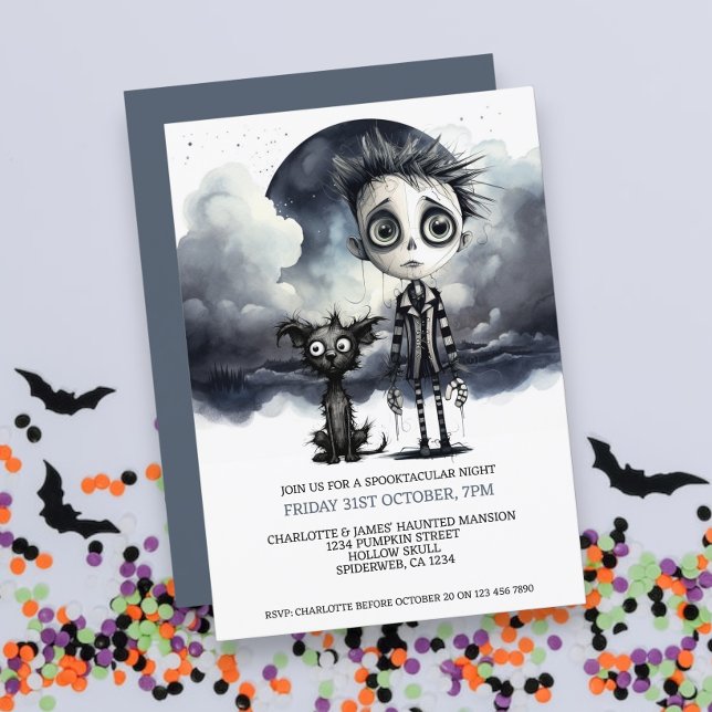 Convites Halloween Scary Boy e Cachorro sob lua cheia (Halloween Scary Boy and Dog Under a Full Moon Invitations from Ricaso. Spikey haired boy with dog)