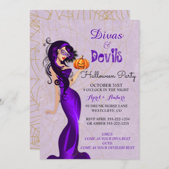 Convites Halloween Sexy Diva em Máscara segurando abóbora (Frente/Verso)