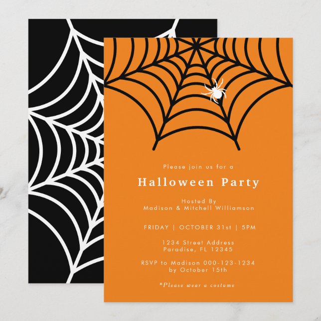Convites Halloween Spider Web Spooky Modern Orange Party (Frente/Verso)