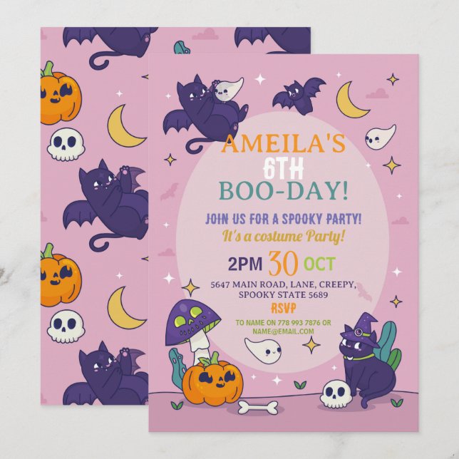 Convites Halloween Spooky Fantasmas Rosa Festa Rosa Anivers (Frente/Verso)