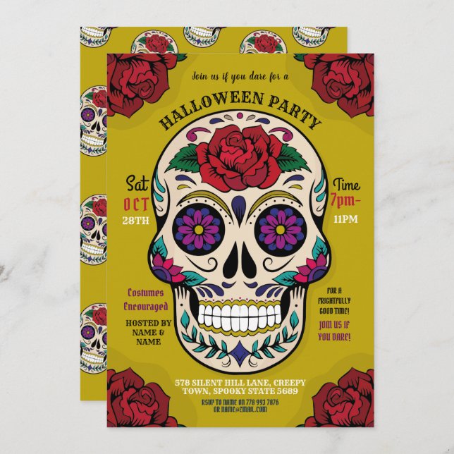 Convites Halloween Sugar Skull Gothparty Rosa Horror (Frente/Verso)