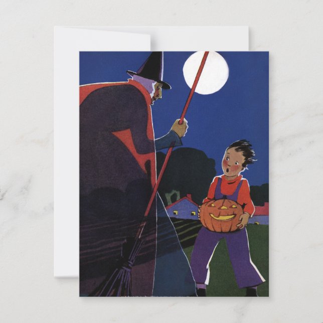 Convites Halloween Vintage, Bruxa Assustadora com Menino (Frente)