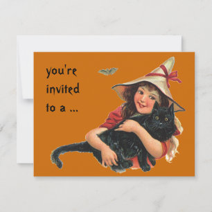Convites Halloween Vintage, Bruxa Menina com Gato Preto