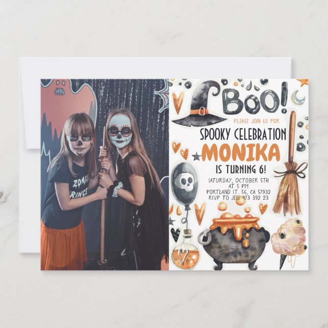 Convites Halloween Witch Cauldron Foto Aniversário (Frente)