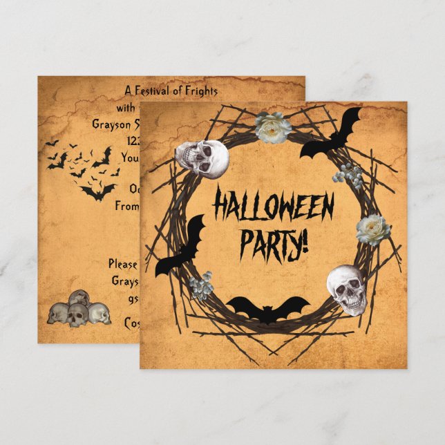 Convites Halloween Wreath em Grunge Background (Frente/Verso)