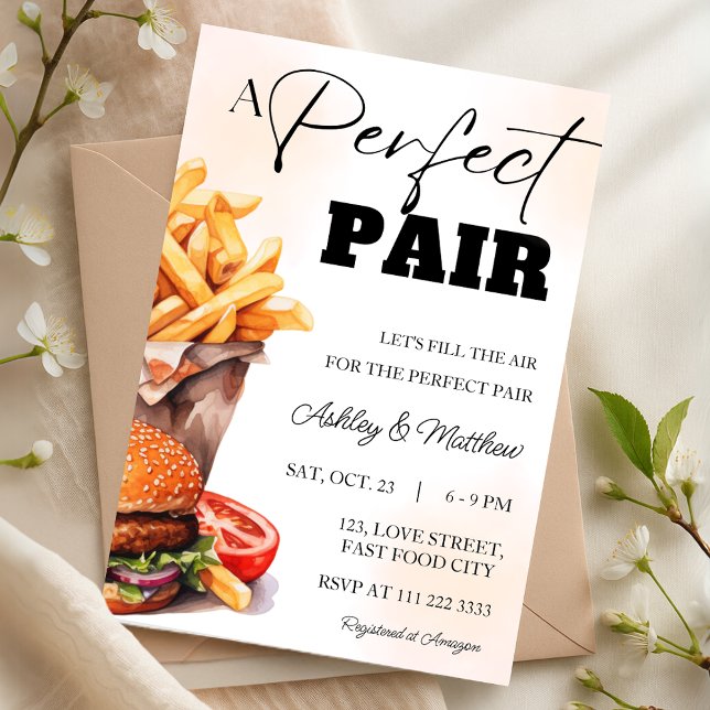 Convites Hambúrguer Par Perfeito e Batatas Fritas Chuveiro  (Perfect Pair Burger and Fries Couple Coed Shower Invitation)