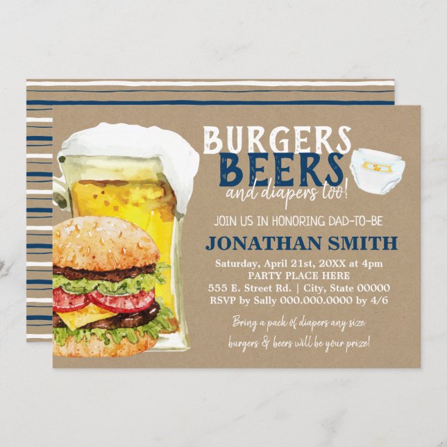 Convites Hambúrgueres, cervejas e fraldas também papai para (Frente/Verso)