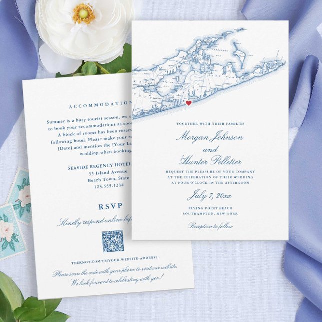Convites Hamptons Beach All-in-one QR code RSVP Wedding (These affordable Hamptons Wedding Invitations save money AND paper with double sided QR code design)