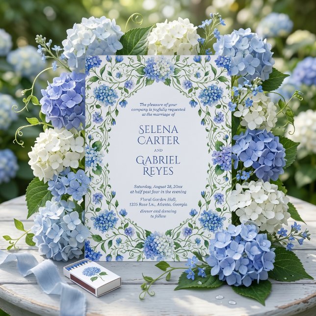 Convites Hamptons Style Blue Hydrangea Watercolor Wedding (Criador carregado)