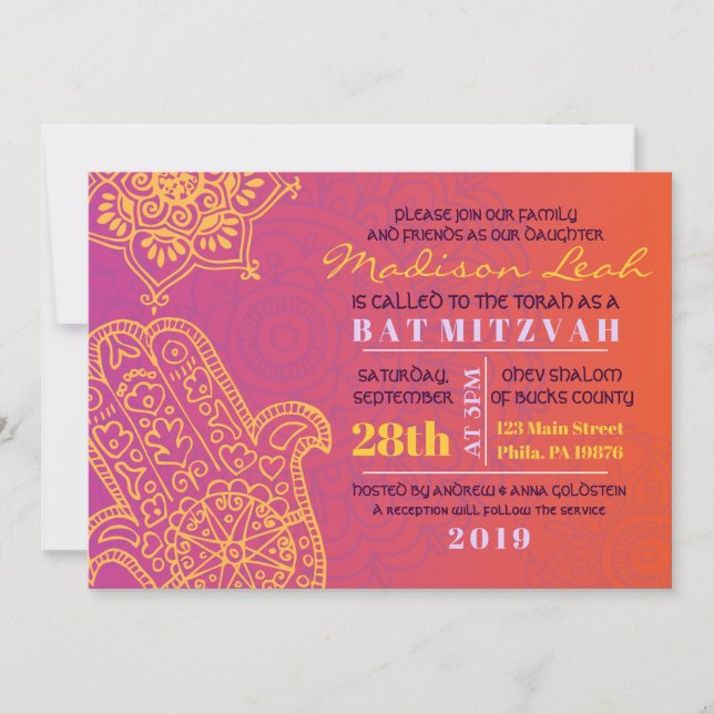 Convites HAMSA MÃO Vermelho Laranja Vermelho Bat Mitzvah Co (Frente)