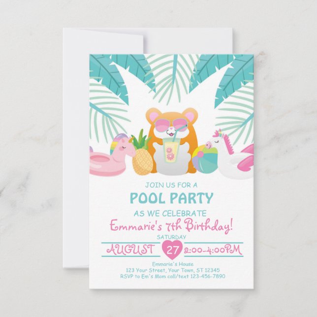 Convites Hamster Tropical Pool Party Invitation (Frente)