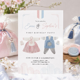 Convites Hanbok Coreano Rosa Azul Doljanchi Primeiro Aniver