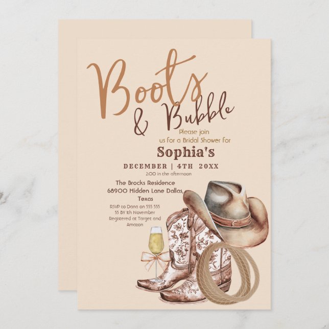 Convites Hand Draw Boots and Bubbly Bridal Shower (Frente/Verso)