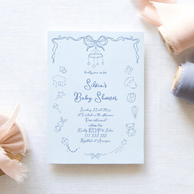Convites Hand Drawn Baby Shower, Bow Baby Boy Handwritten  (Criador carregado)