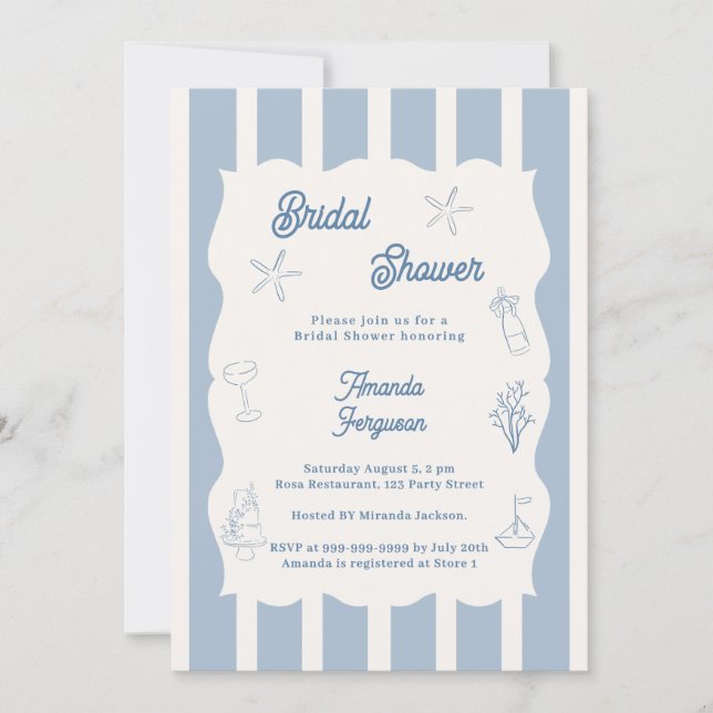 Convites Hand drawn beach dusty blue ivory Bridal Shower (Frente)