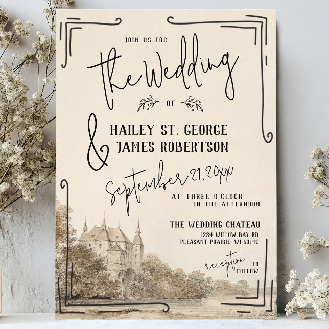 Convites Hand Drawn Beige Wedding, Elegante Francês Chateau (Elegant hand drawn quirky whimsical French chateau fantasy black and ivory cream wedding invitation)