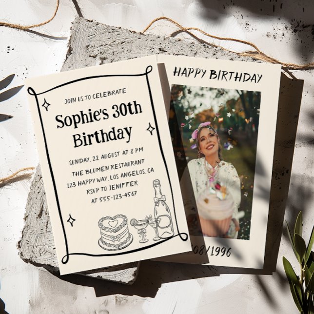 Convites Hand Drawn Black & Cream 30TH Birthday Photo  (Criador carregado)