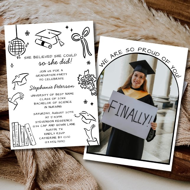 Convites Hand Drawn Black & White Doodle Photo Graduation (Criador carregado)