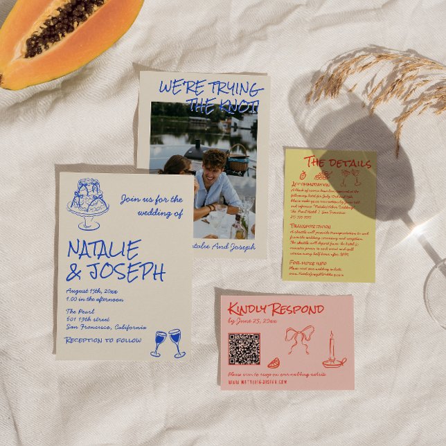 Convites Hand Drawn Blue Cake Bows Funky Unique Wedding  (Criador carregado)