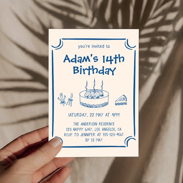 Convites Hand-Drawn Blue Line Art Kids Birthday Party (Criador carregado)