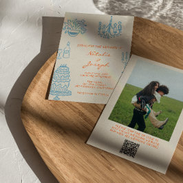 Convites Hand Drawn Blue Orange Photo QR Code Wedding