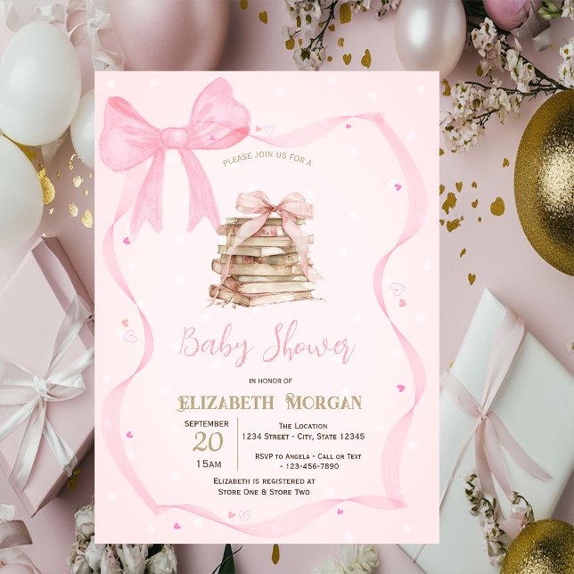 Convites Hand Drawn Bow Frame Books Dots Baby Shower (Criador carregado)
