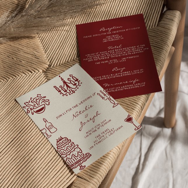 Convites Hand Drawn Burgundy Romantic All In One Wedding (Criador carregado)