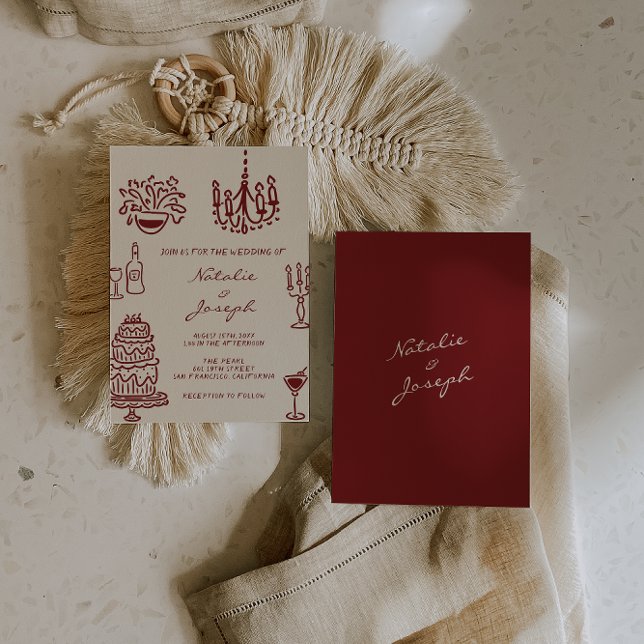 Convites Hand Drawn Burgundy Romantic Whimsical Wedding (Criador carregado)