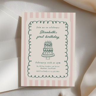 Convites Hand Drawn Cake Quirky Unique 1st Birthday