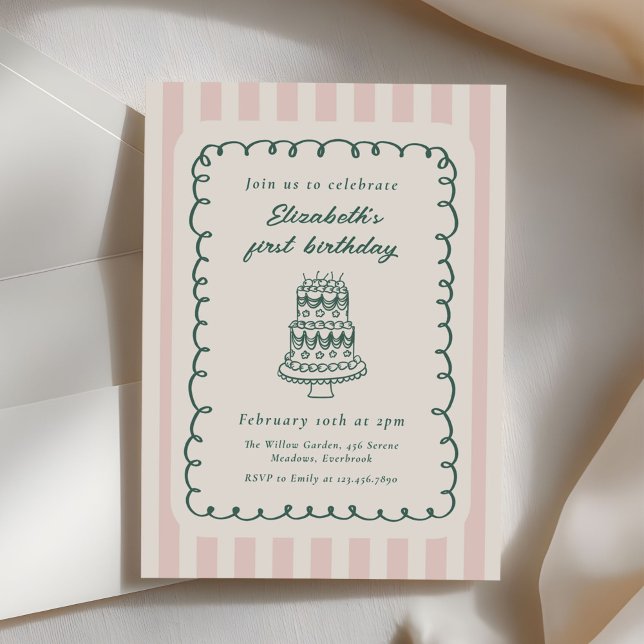 Convites Hand Drawn Cake Quirky Unique 1st Birthday (Criador carregado)