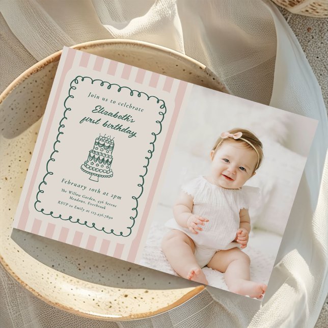 Convites Hand Drawn Cake Quirky Unique 1st Birthday Photo (Criador carregado)