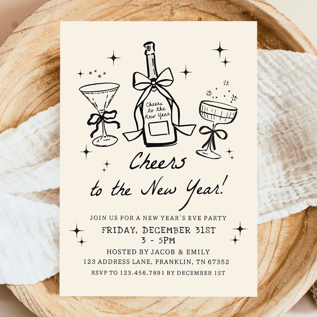 Convites Hand Drawn Champagne Cheers New Years Eve Party (Criador carregado)