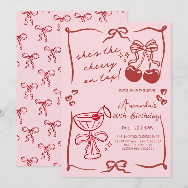 Convites  hand-drawn cherry martini birthday (Frente/Verso)
