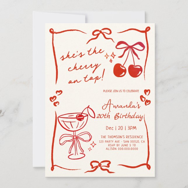 Convites hand-drawn cherry martini birthday invitation (Frente)