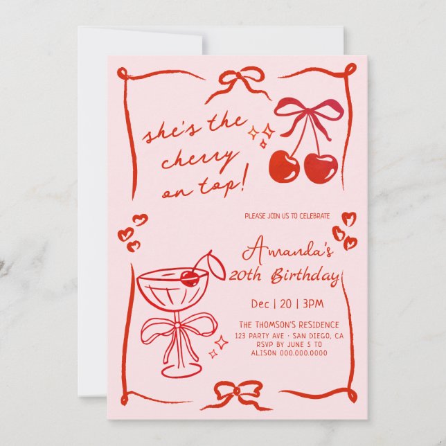 Convites hand-drawn cherry martini birthday invitation (Frente)