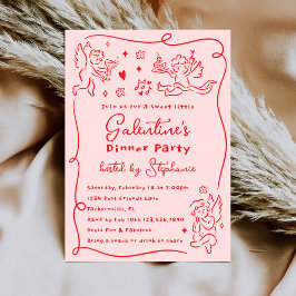 Convites Hand Drawn Cherubs Pink Red Galentine's Day Party