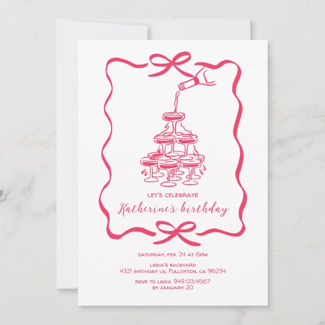 Convites Hand Drawn Chic Pink Champagne Birthday Party (Frente)