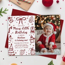 Convites Hand Drawn Christmas Merry Little Birthday Photo