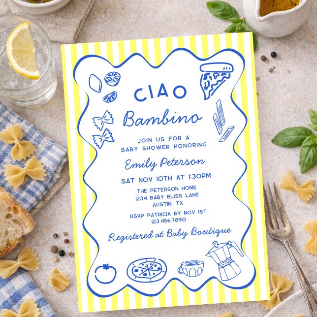 Convites Hand Drawn Ciao Bambino Italian Boy Baby Shower (Criador carregado)