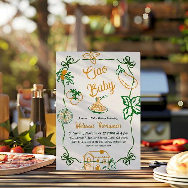 Convites Hand Drawn Ciao Italian Pizza & Pasta Baby Shower (Criador carregado)