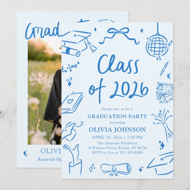 Convites Hand Drawn Class of 2026 Blue Graduation Party (Frente/Verso)