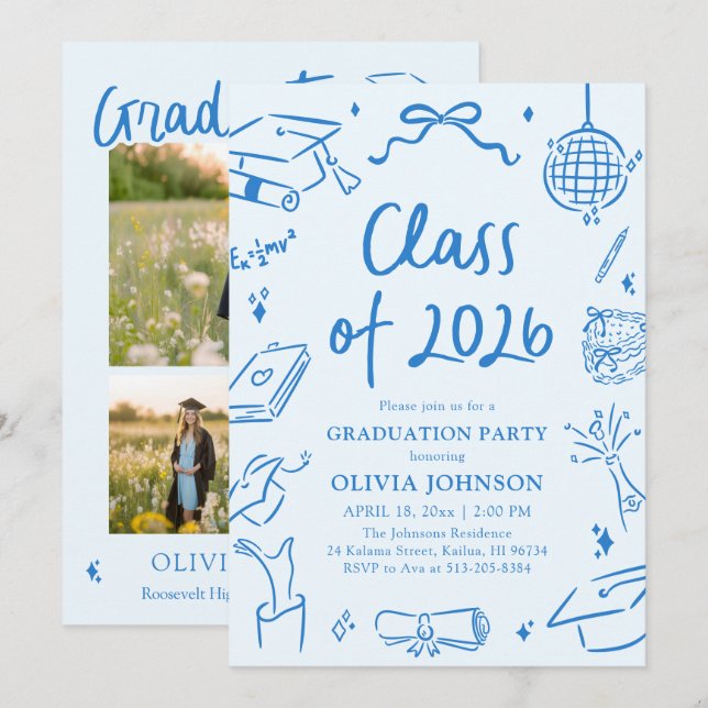 Convites Hand Drawn Class of 2026 Blue Graduation Party (Frente/Verso)
