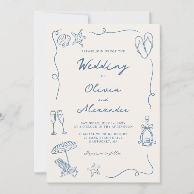 Convites Hand Drawn Coastal Beach Dusty Blue Ivory Wedding (Frente)
