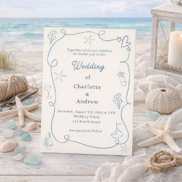 Convites Hand drawn coastal beach dusty blue ivory wedding
