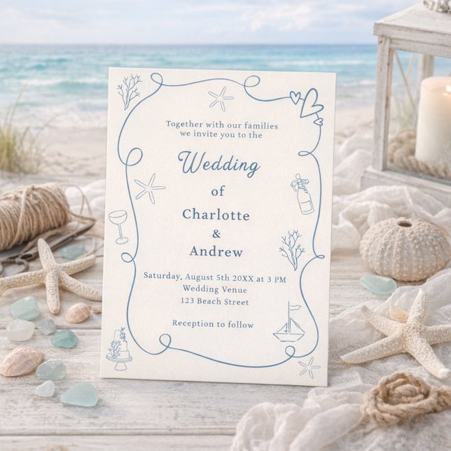 Convites Hand drawn coastal beach dusty blue ivory wedding (Criador carregado)