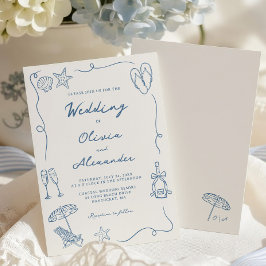Convites Hand Drawn Coastal Beach Dusty Blue Ivory Wedding