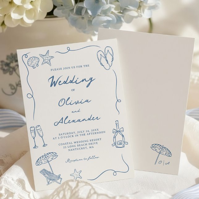 Convites Hand Drawn Coastal Beach Dusty Blue Ivory Wedding (Criador carregado)