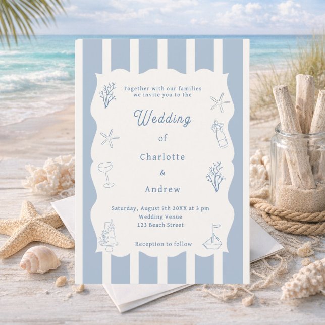 Convites Hand drawn coastal beach dusty blue ivory wedding (Criador carregado)
