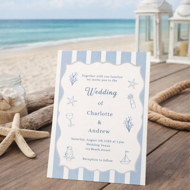 Convites Hand drawn coastal beach dusty blue ivory wedding (Criador carregado)