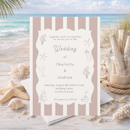 Convites Hand drawn coastal beach ivory taupe wedding